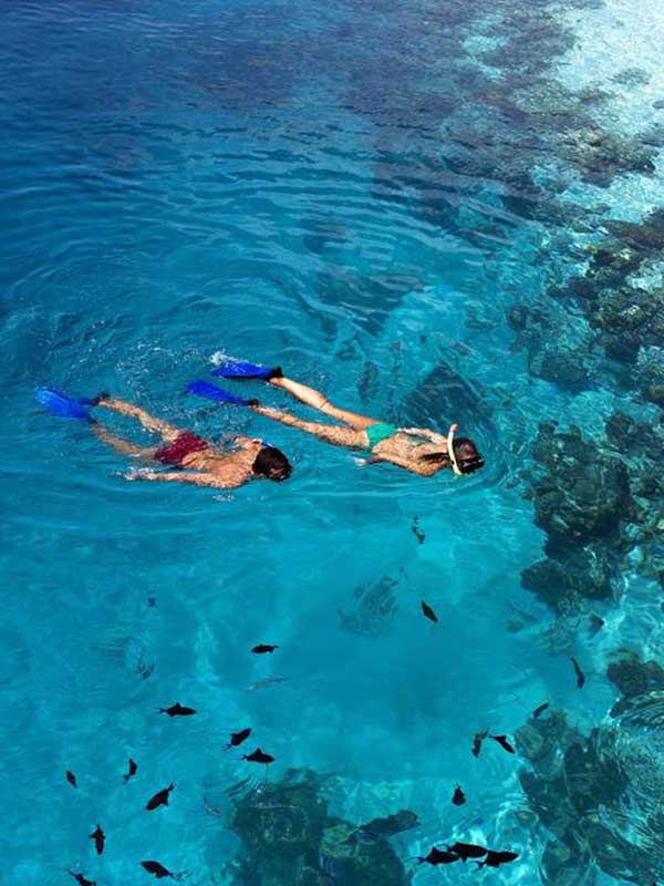 Snorkeling Maldives in couple on a reef Meemu atoll
